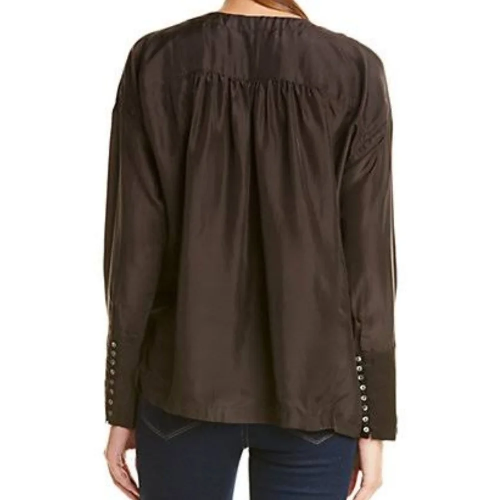 Free People Silk Blouse Button Front Long Sleeve Shirred Oversized Black M NWT